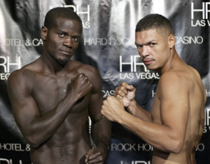 8/8/07,Las Vegas,Nevada --- (L-R) World-rated Welterweight Joshua Clottey,Bronx,N.Y. and Felix Flores,Puerto Rico weigh in (Clottey & Flores 150lb ) for their upcoming 10-round Welterweight fight on Top Rank's boxing card at The Joint in the Hard Rock Hotel-Casino in Las Vegas on Thursday, Aug 9 on VERSUS network. --- Photo Credit : Chris Farina - Top Rank (no other credit allowed) copyright 2007